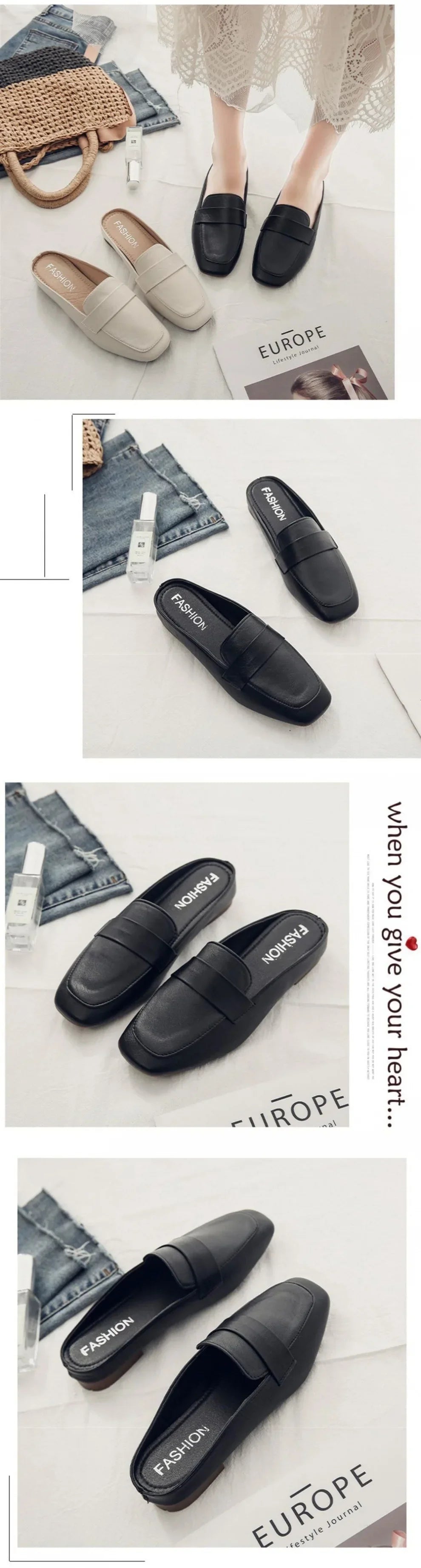 Zapatos mujer casual slip-on flats in black and beige by The Lady's Haven Boutique displayed with casual outfit accessories