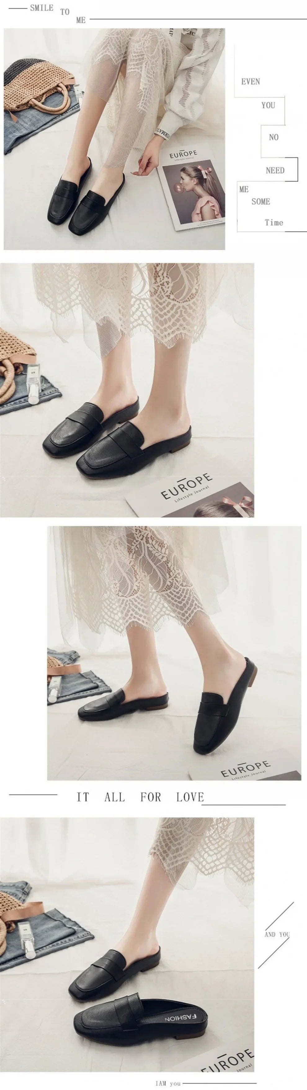 Black zapatos mujer casual slip-on flats worn with lace skirt showing style and comfort