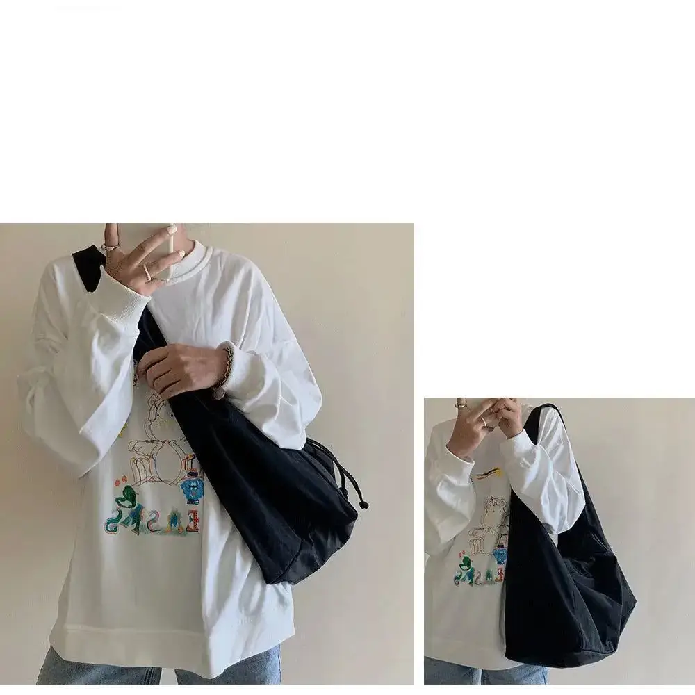 Stylish female casual tote purse showcased with a white long-sleeve shirt design