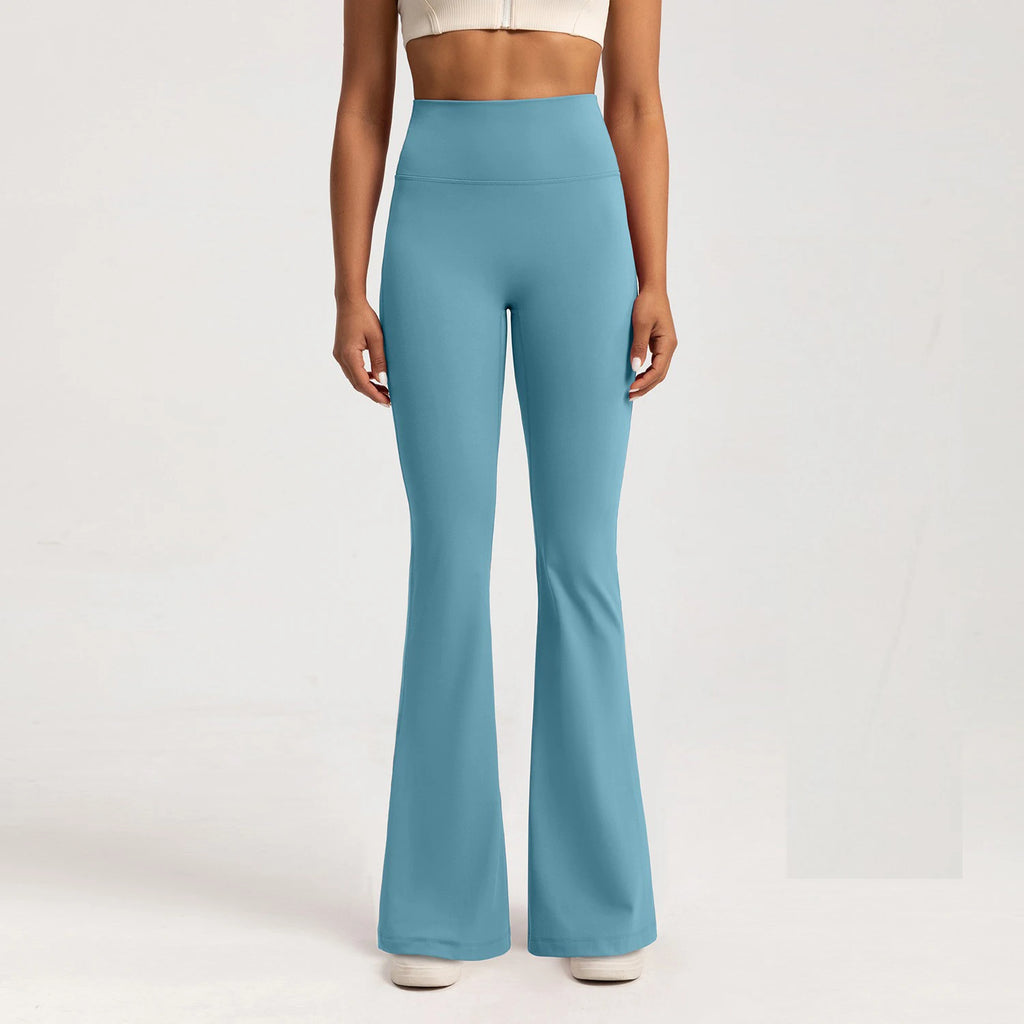 Stylish blue female high waist yoga leggings with a flared design for comfortable workouts