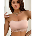 The Lady's Haven Boutique festival strapless brassiere in soft pink with lace trim worn by model
