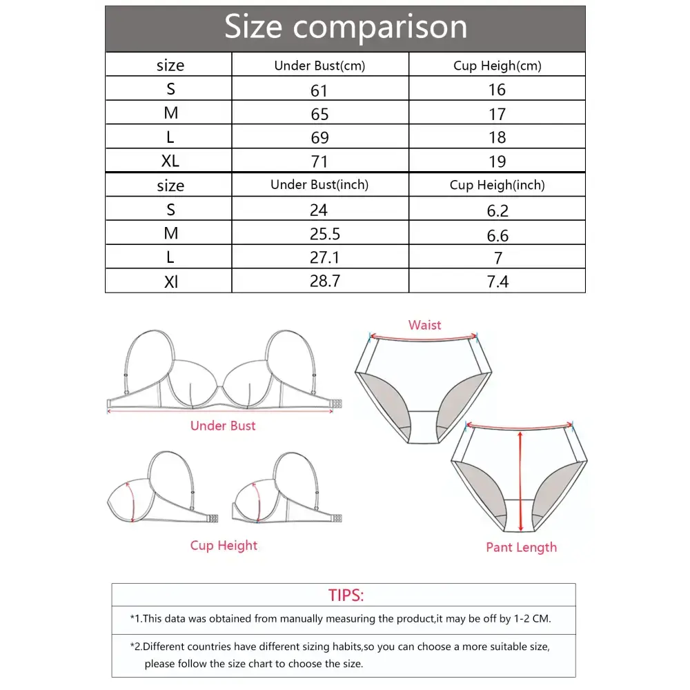 Size comparison chart for festival strapless brassiere showing under bust and cup height measurements in cm and inches