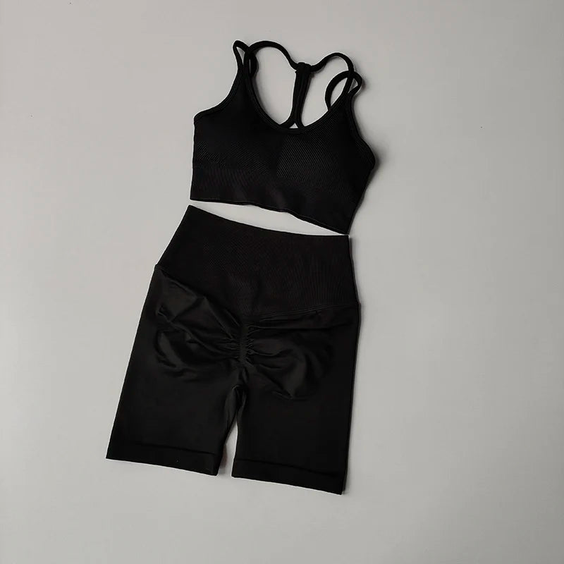Black fitness bra and shorts set with a stylish design for active workouts