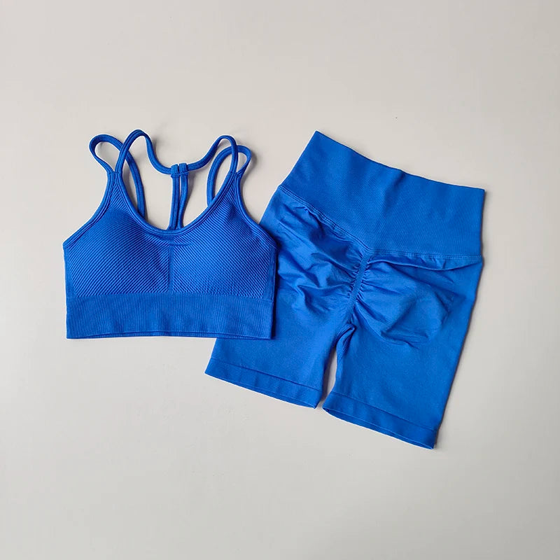 Blue fitness bra and shorts set perfect for workouts and comfortable exercise activities