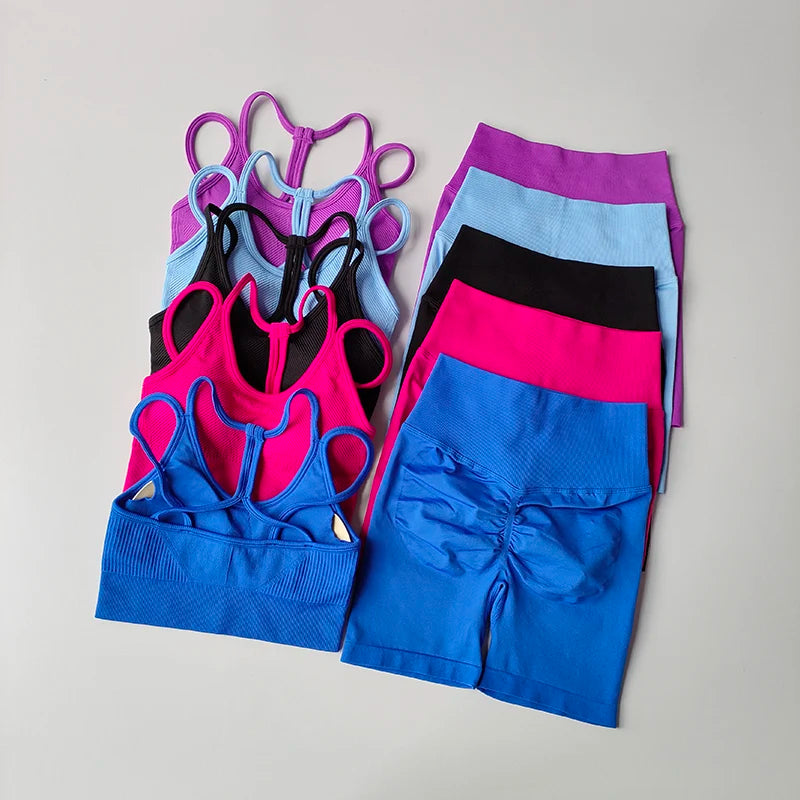 Variety of fitness bra and shorts set in vibrant colors for comfortable workouts
