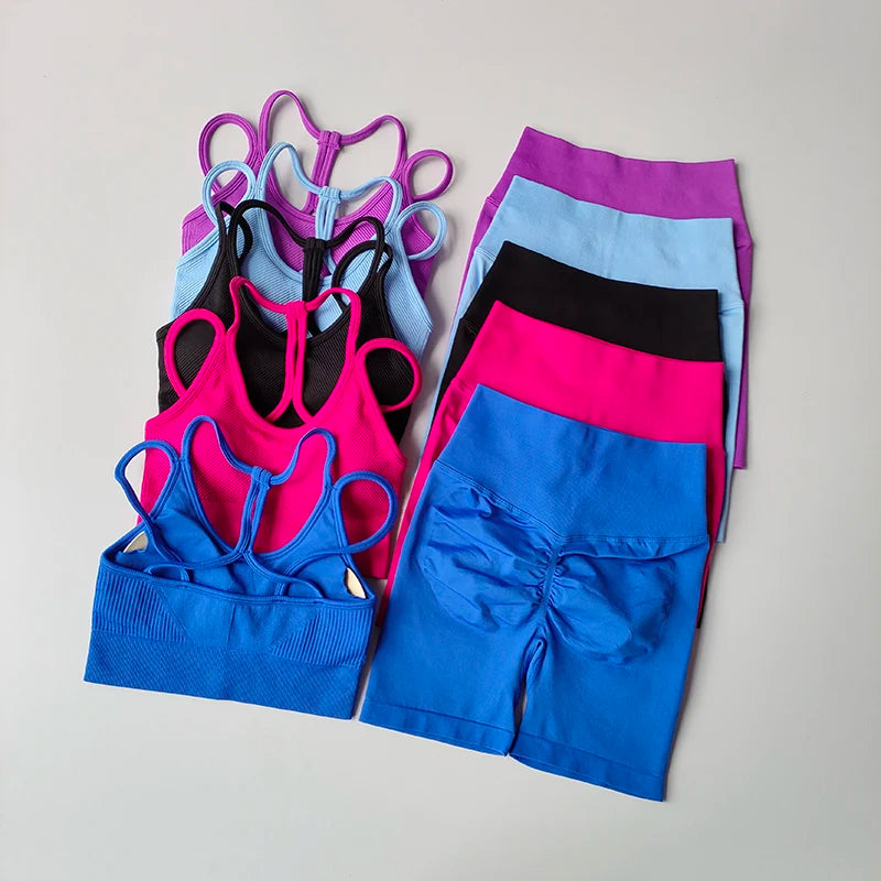 Colorful fitness bra and shorts set in various styles and colors for activewear enthusiasts
