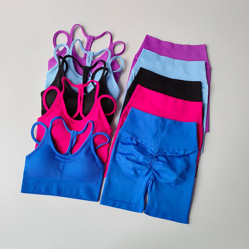 Multi-color fitness bra and shorts set displayed in various shades for active lifestyles