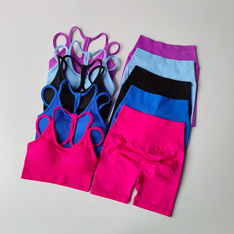 Colorful fitness bra and shorts set showcasing various styles and vibrant hues from The Lady's Haven Boutique