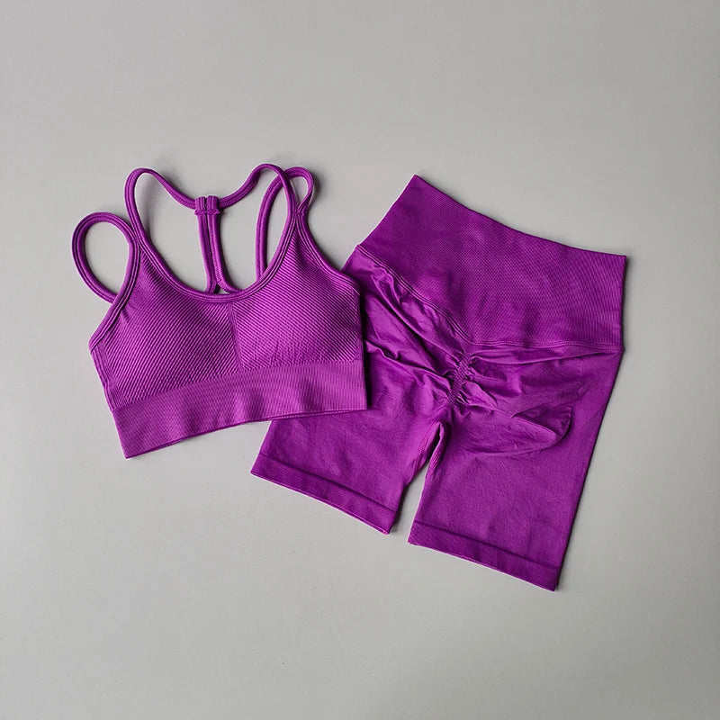 Purple fitness bra and shorts set featuring a stylish back design for comfortable workouts