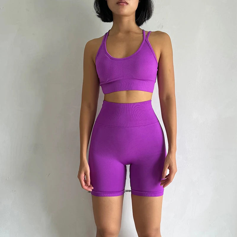 Purple fitness bra and shorts set for stylish and comfortable workouts at The Lady's Haven Boutique