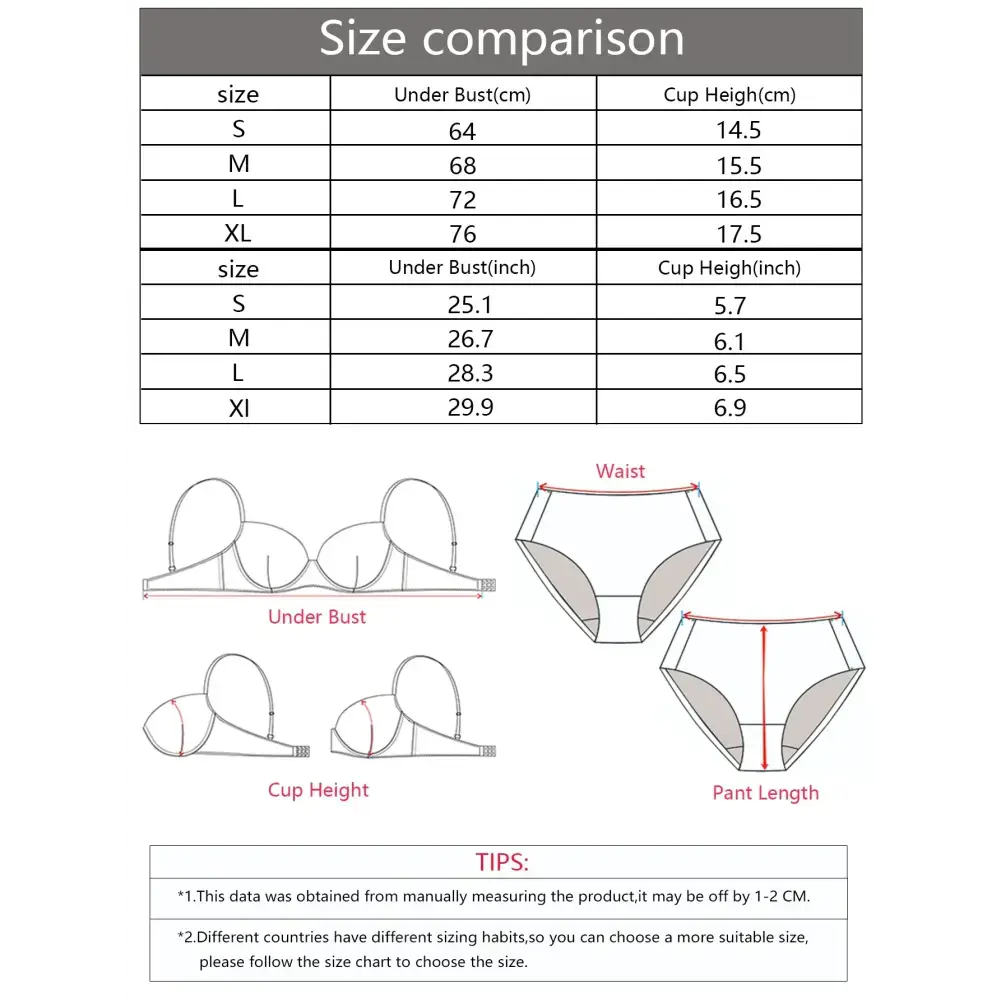 Size chart and measurement guide for four seasons padded bra including under bust and cup height in cm and inches