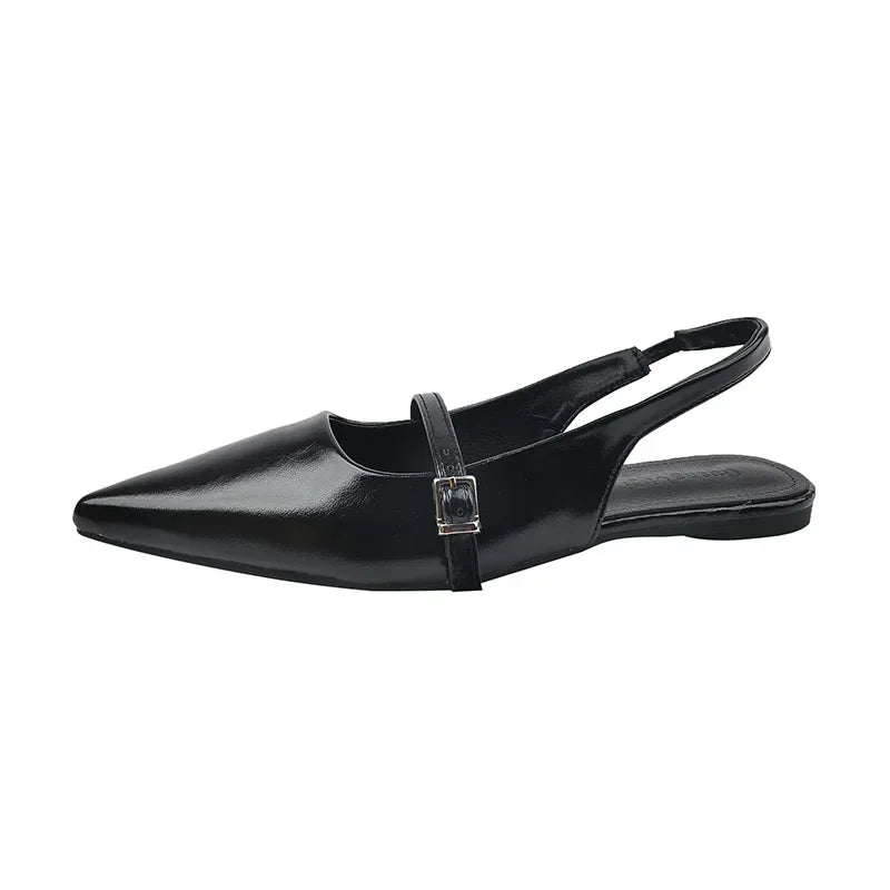 Black French chic diamond buckle flats with pointed toe and slingback strap from The Lady's Haven Boutique