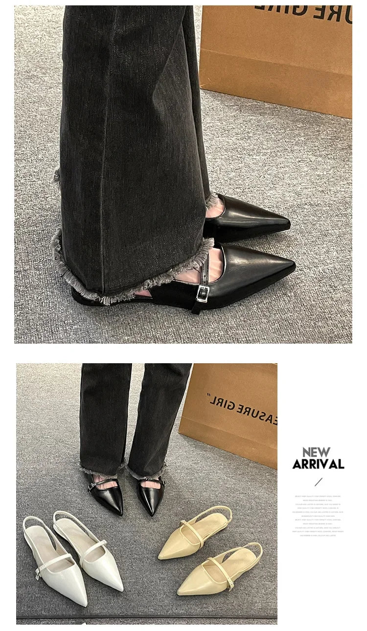 French chic diamond buckle flats in black, white, and beige styles worn with black jeans from The Lady's Haven Boutique