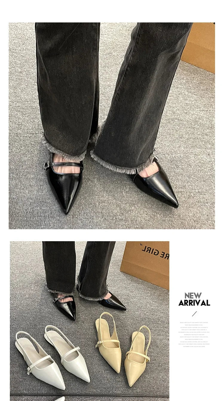 French chic diamond buckle flats in black, white, and beige with pointed toes and elegant straps