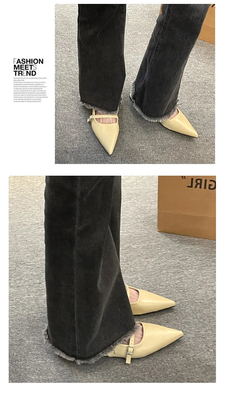 The Lady's Haven Boutique French chic diamond buckle flats in pale yellow worn with black jeans
