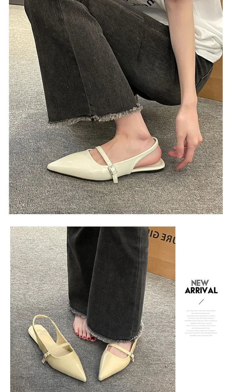 French chic diamond buckle flats in cream color with pointed toes and slingback straps