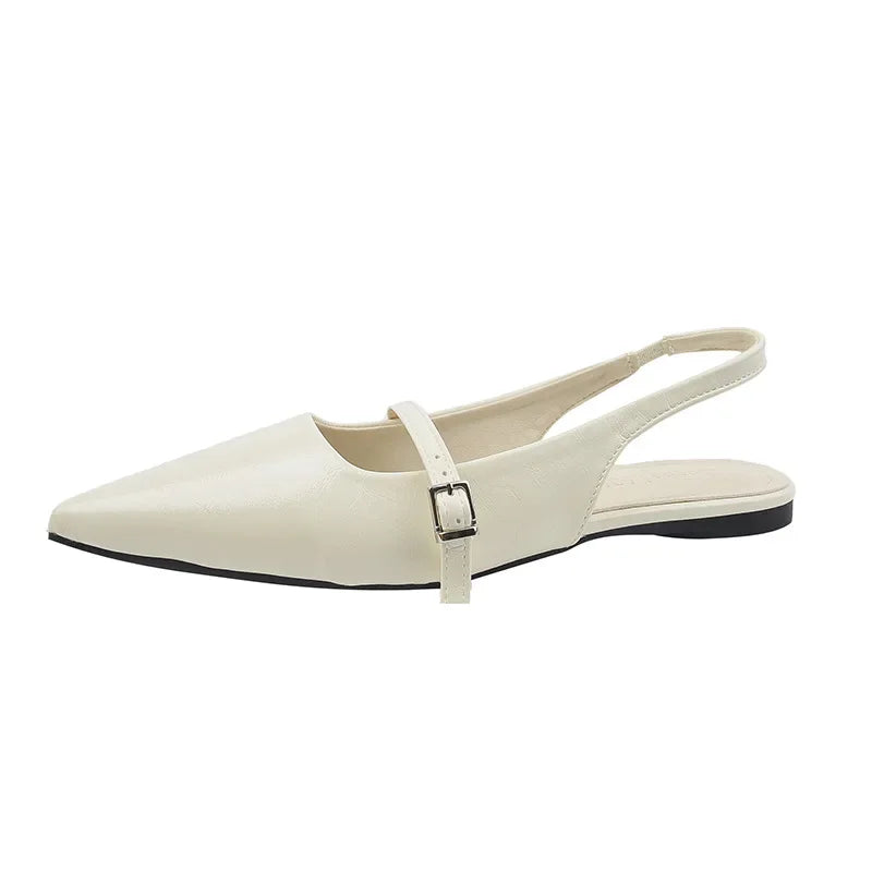 Cream pointed toe slingback French chic diamond buckle flats with adjustable strap