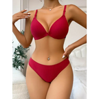 Red front button bralette and panties set with adjustable straps and ribbed texture for stylish comfort
