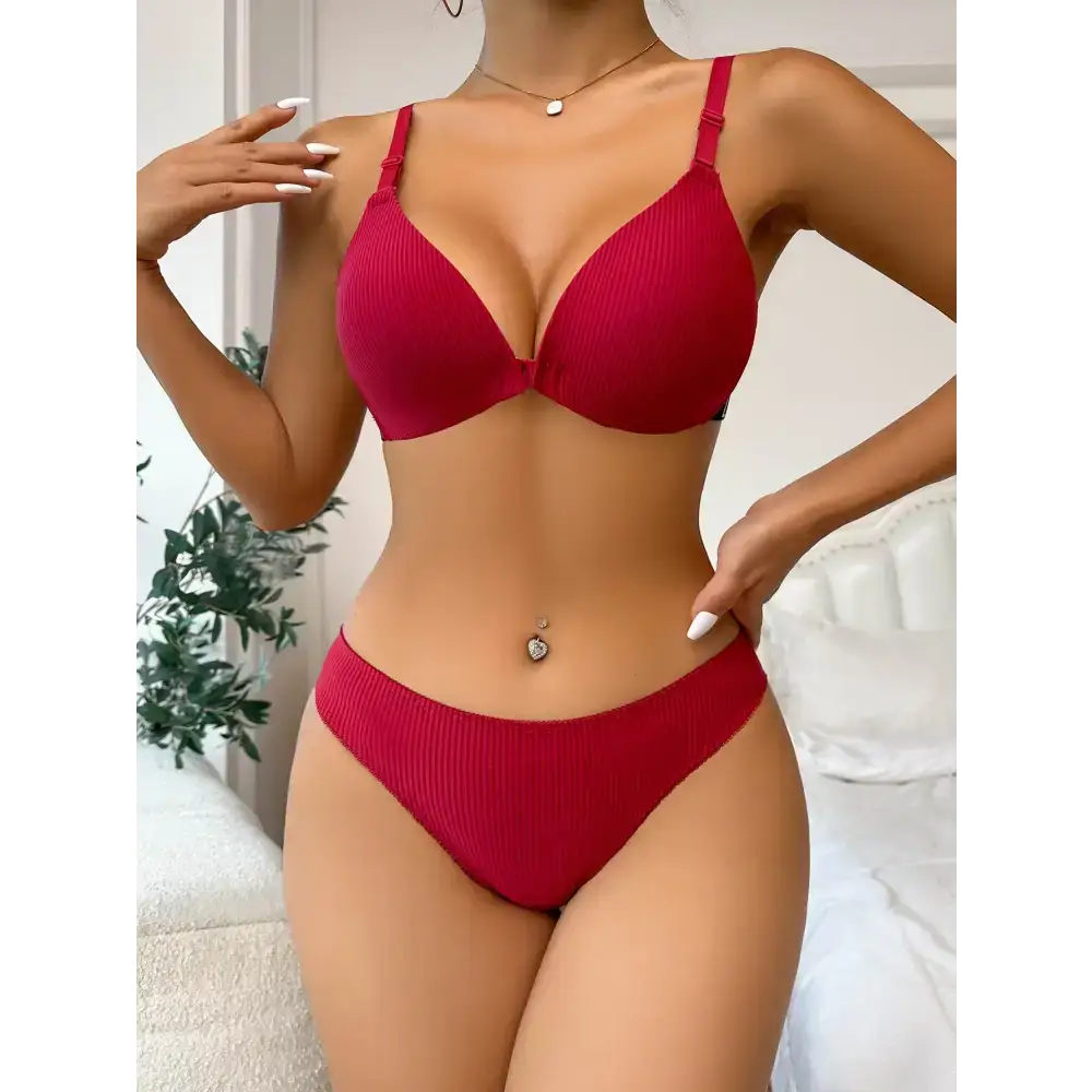 Red front button bralette and panties set with adjustable straps and ribbed texture for stylish comfort