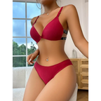 Red front button bralette and panties set with adjustable straps and ribbed texture