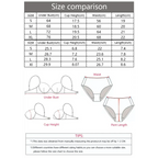 Size chart and measurement guide for front button bralette and panties showing bust, cup height, waist, and length