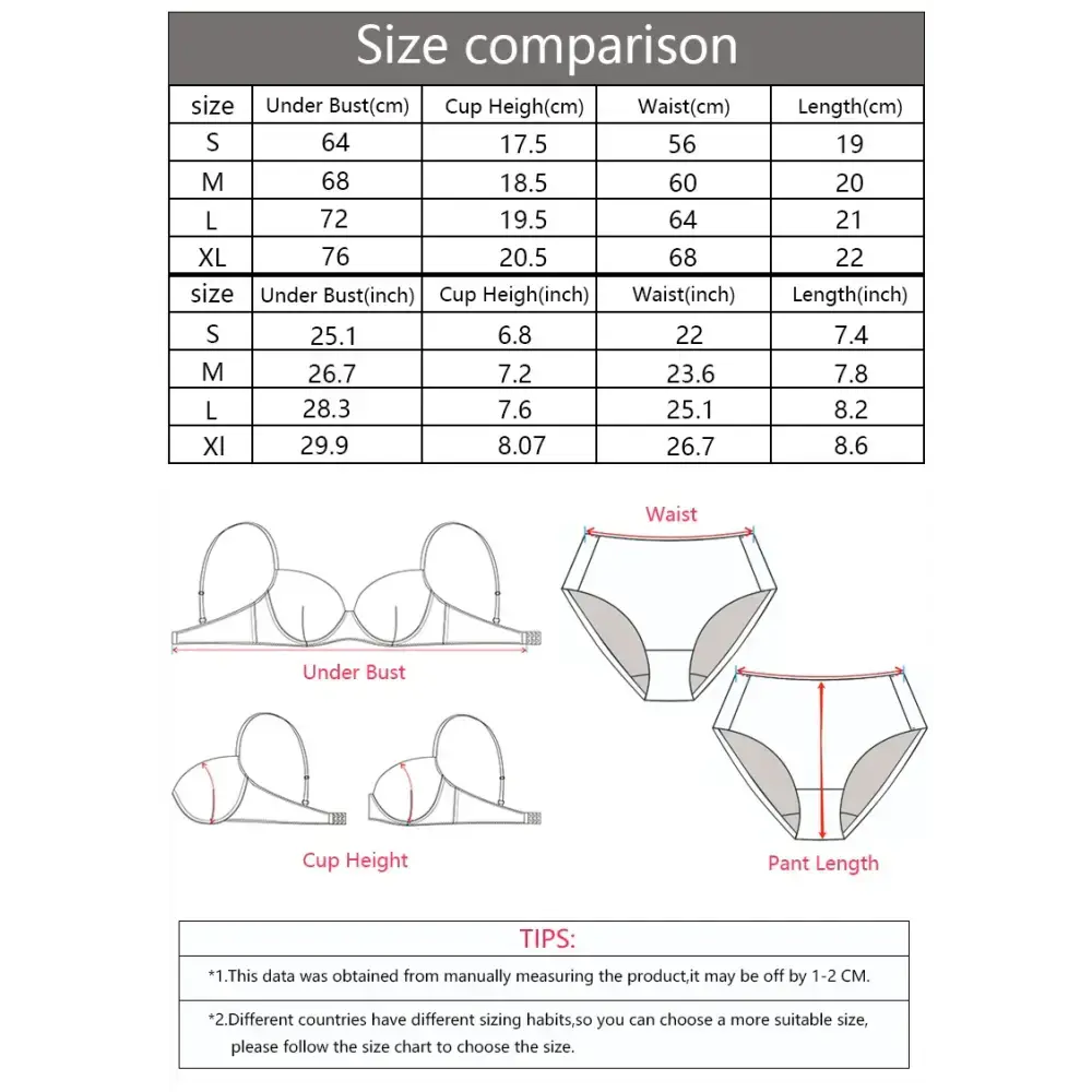 Size chart and measurement guide for front button bralette and panties showing bust, cup height, waist, and length