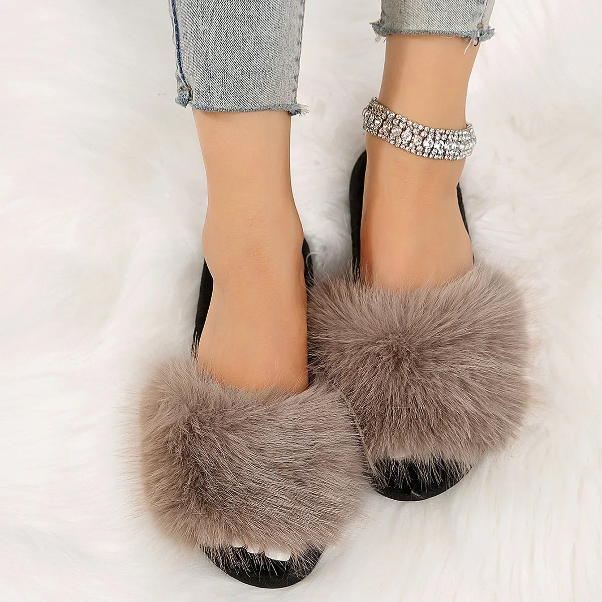 The Lady's Haven Boutique fuzzy flat slide slippers with soft brown faux fur on black soles
