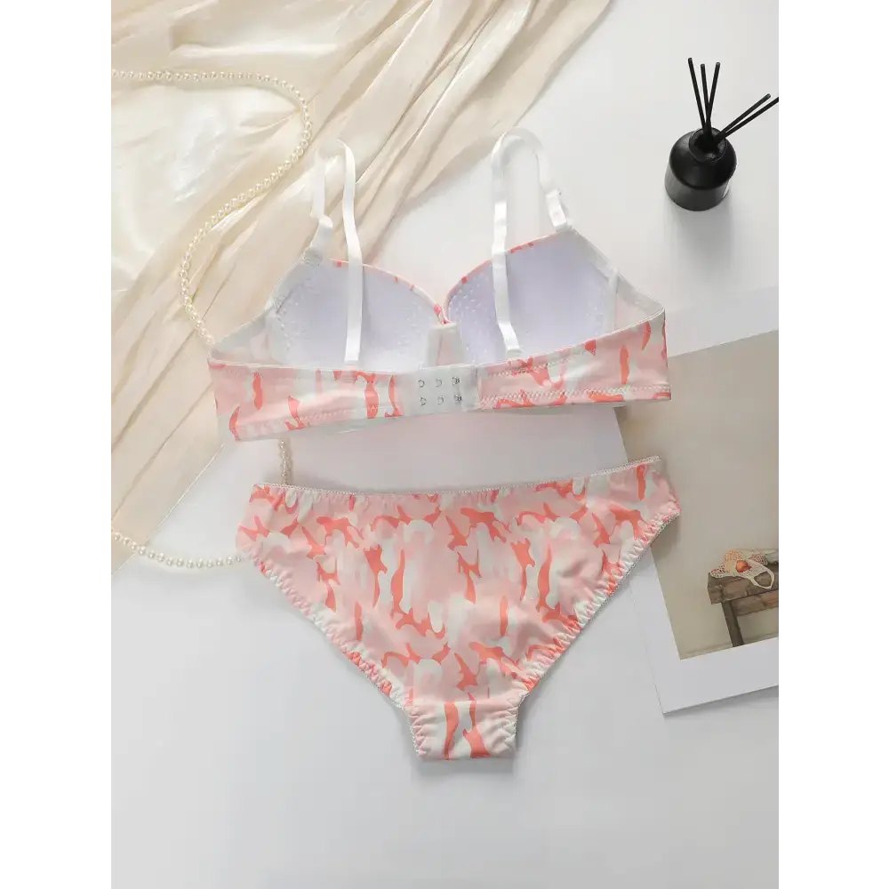 Gathering bra and panty set with steel ring in pink and white floral design from The Lady's Haven Boutique