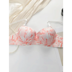 Pink and white gathering bra and panty set with steel ring featuring floral patterns from The Lady's Haven Boutique