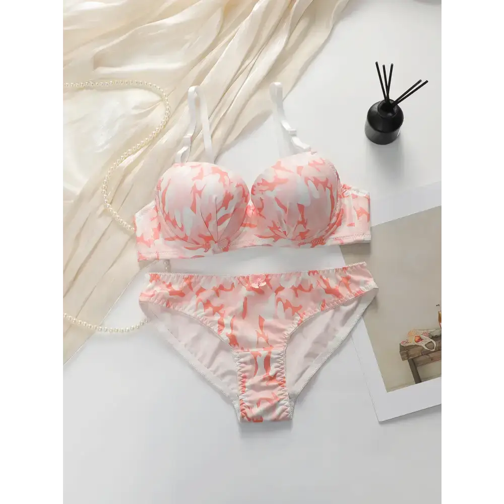 The Lady's Haven Boutique gathering bra and panty set with steel ring in pink and white floral print