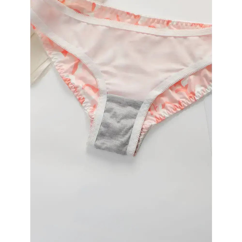 The Lady's Haven Boutique gathering bra and panty set with steel ring featuring soft sheer fabric and pink patterned design
