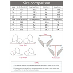 Size chart for gathering bra and panty set with steel ring with measurements in centimeters and inches