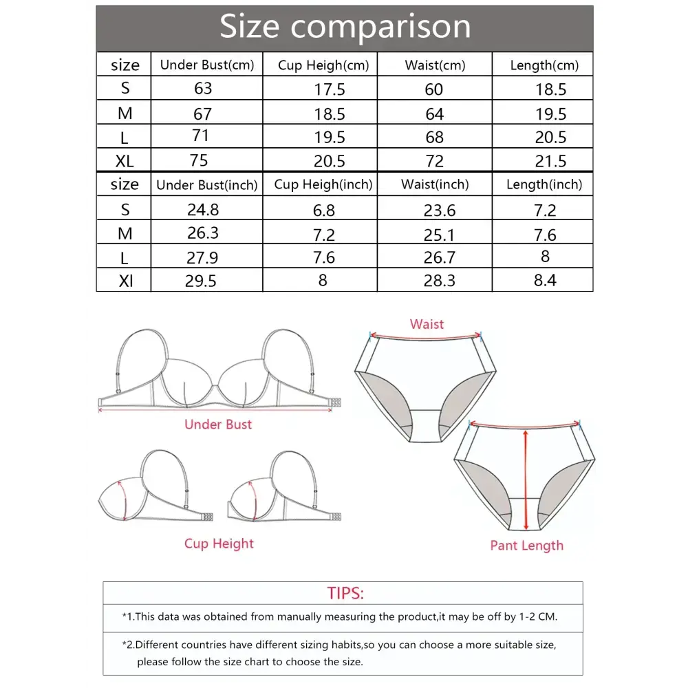 Size chart for gathering bra and panty set with steel ring with measurements in centimeters and inches
