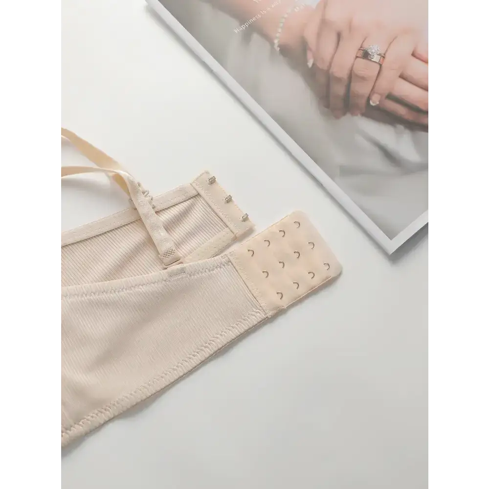 Beige gathering push up bra for ladies by The Lady's Haven Boutique showing adjustable back hooks and straps