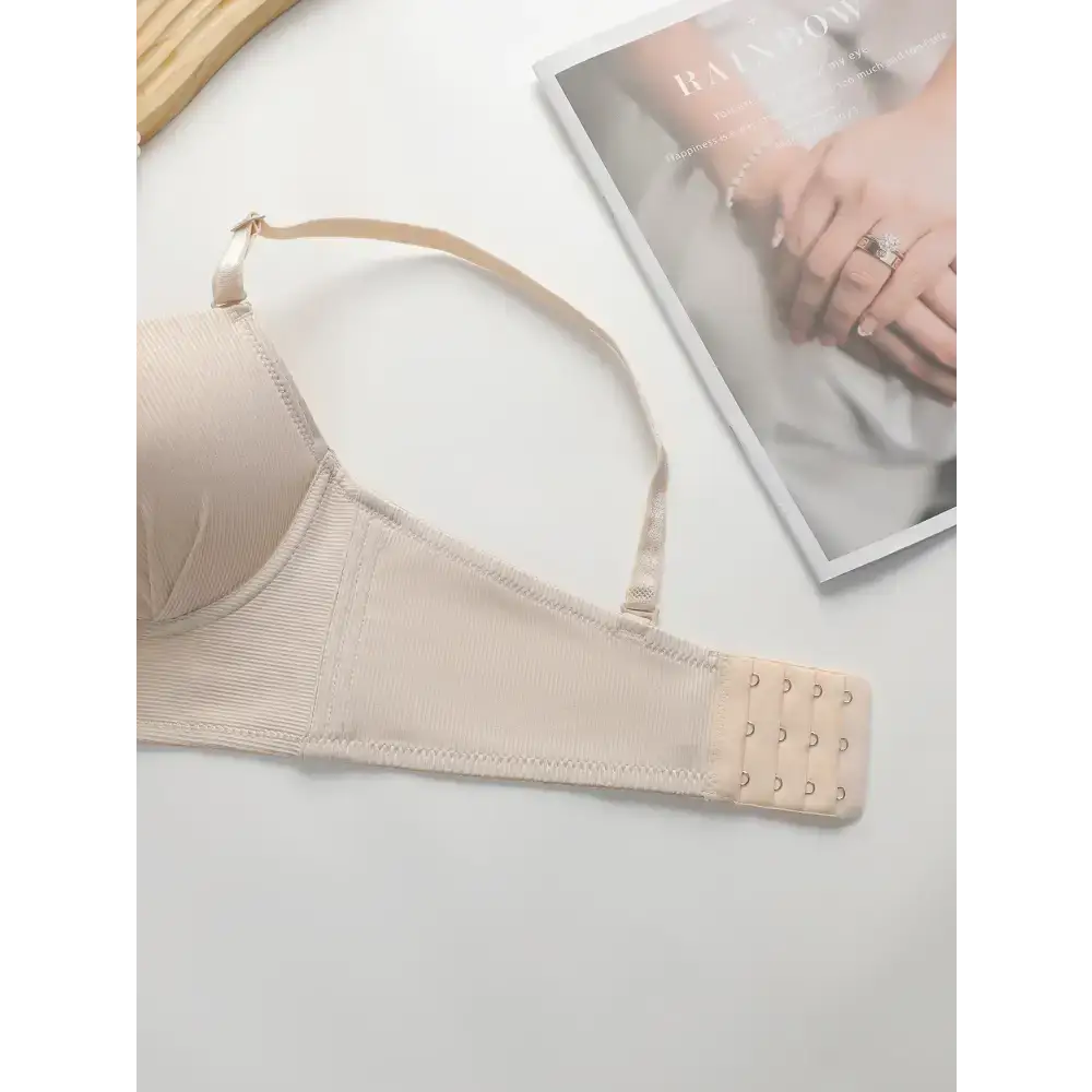 Beige gathering push up bra for ladies with adjustable straps and hook closure from The Lady's Haven Boutique