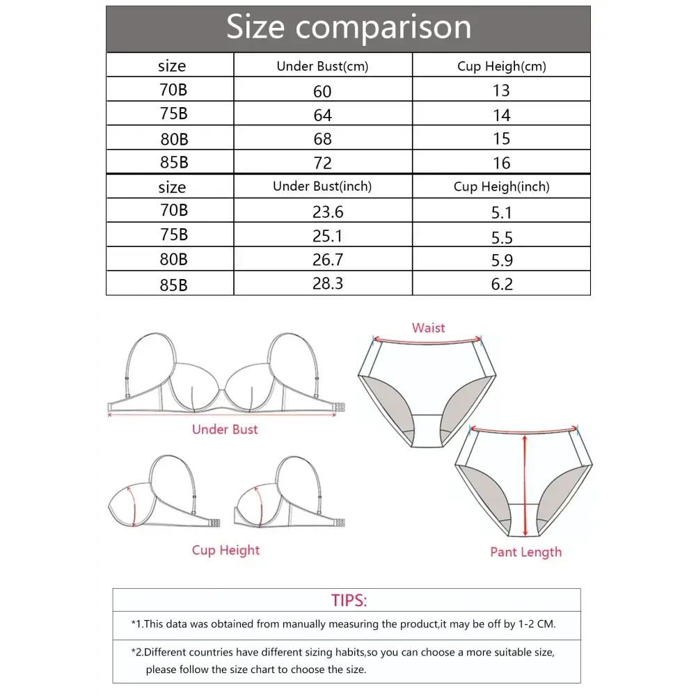 Size comparison chart and measurement guide for gathering push up bra for ladies with bust and cup dimensions