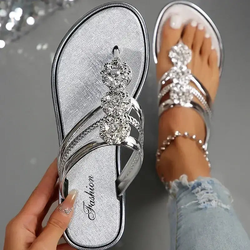 Silver glitter floral summer sandals flat heel by The Lady's Haven Boutique with decorative rhinestones