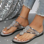 Glitter floral summer sandals with flat heels and silver straps from The Lady's Haven Boutique