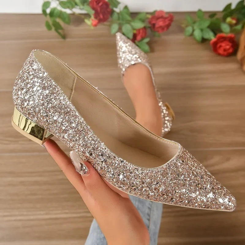 Glittery flats for parties in rose gold with pointed toes and gold block heels from The Lady's Haven Boutique