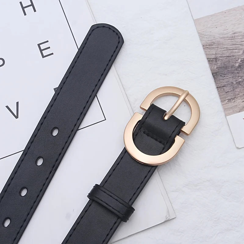 Black leather gold buckle waist belt with adjustable holes for a perfect fit