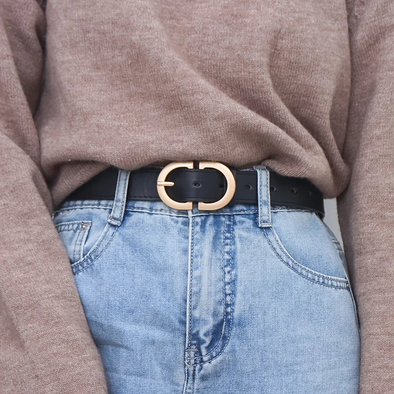 Black leather gold buckle waist belt for a stylish and modern outfit accent