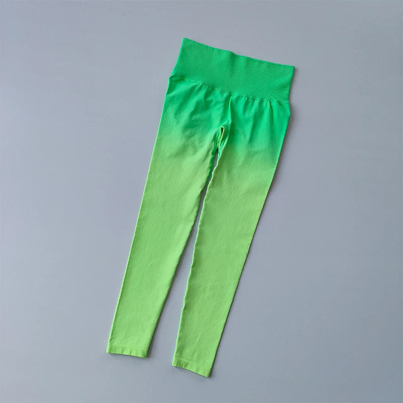 Bright green gradient running leggings for women from The Lady's Haven Boutique with a high waistband
