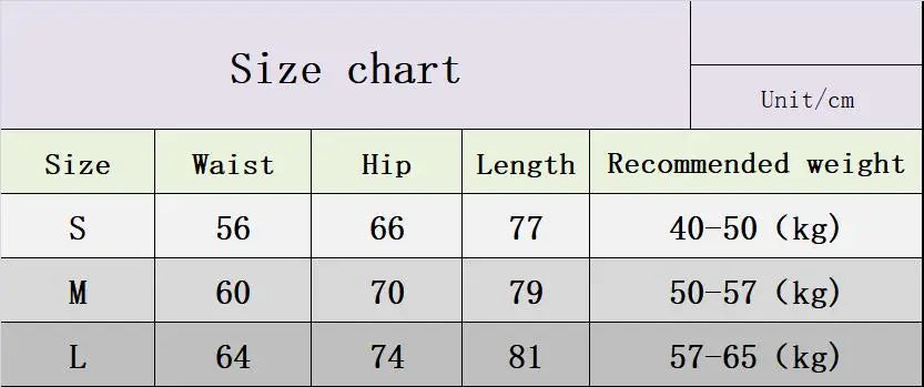 Tabla de tallas para leggings de running con gradiente, con medidas de cintura, cadera y largo para un ajuste óptimo.