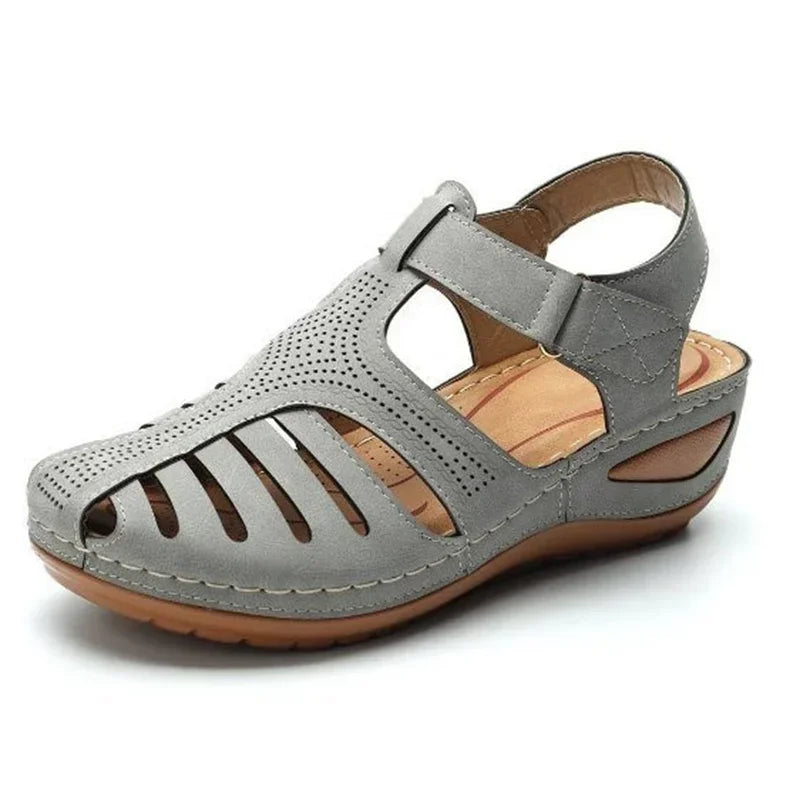 Gray leather bunion corrector summer sandals with adjustable straps and cushioned sole