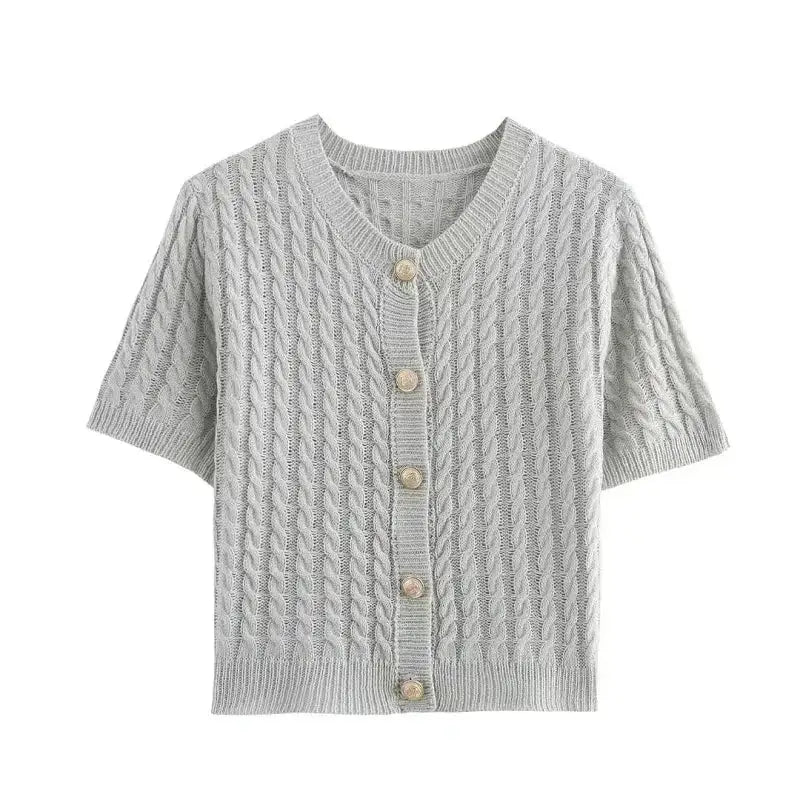 The Lady's Haven Boutique gray knitted cropped sweater cardigan with short sleeves and button closure