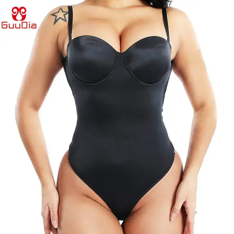 Sleek black backless thong bodysuit with supportive cup design and adjustable straps for a flattering fit