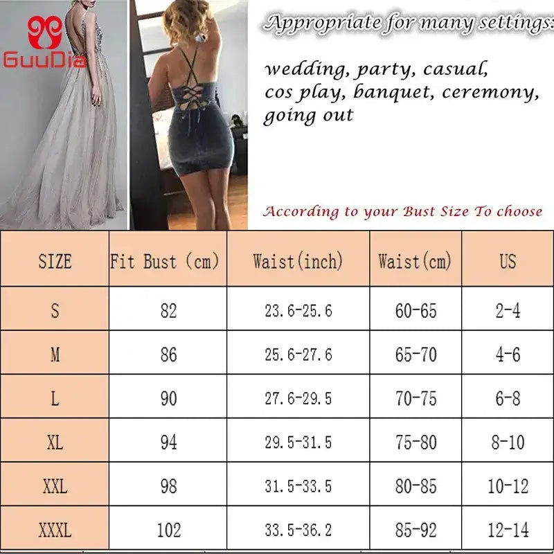 Size chart for backless thong bodysuit from The Lady's Haven Boutique, suitable for various occasions.