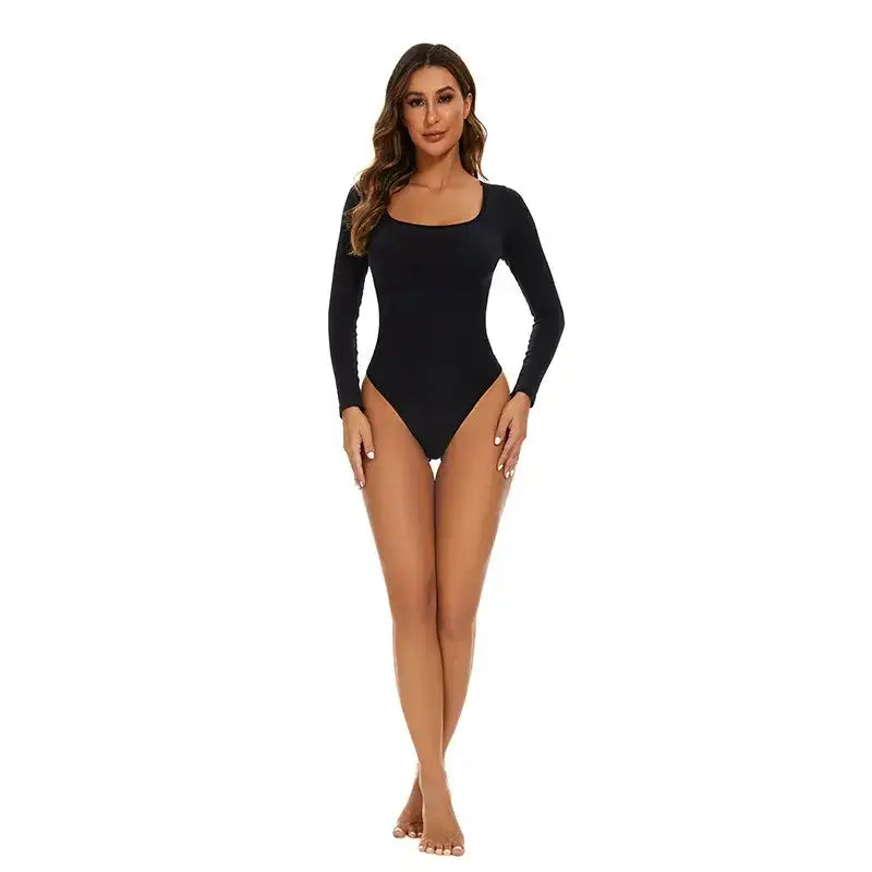 The Lady's Haven Boutique black long sleeve big u neck shapewear bodysuit on female model