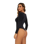 The Lady's Haven Boutique black big u neck shapewear bodysuit with long sleeves and thong back