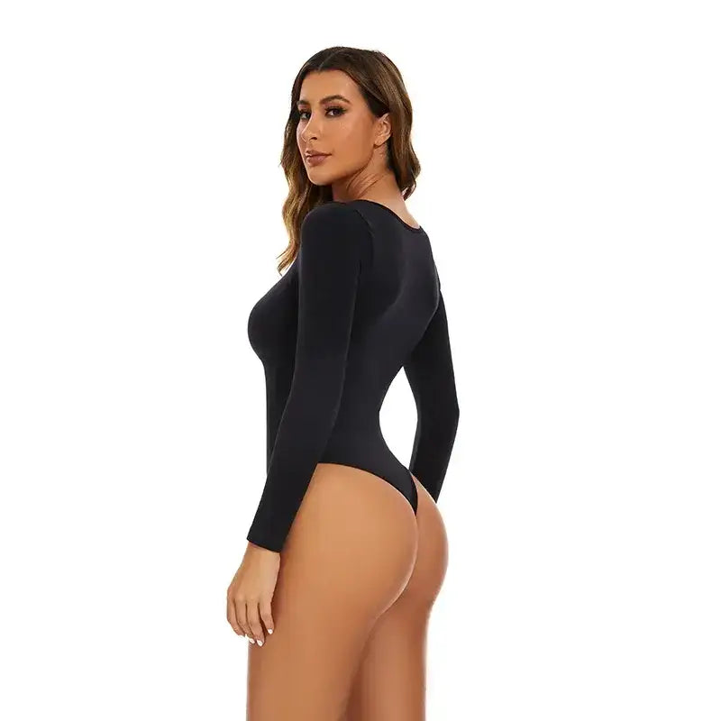 The Lady's Haven Boutique black big u neck shapewear bodysuit with long sleeves and thong back